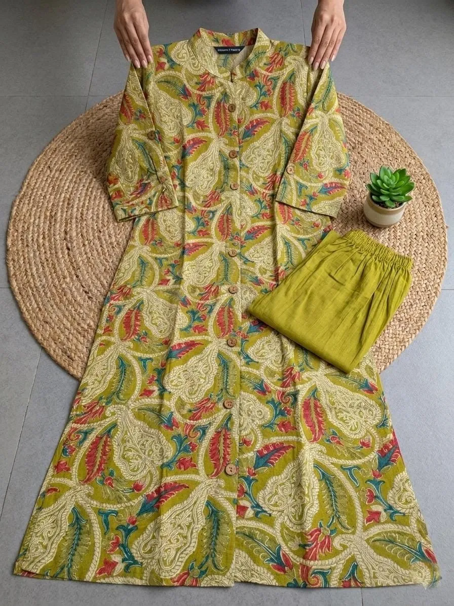 Olive Green Floral Straight Kurta Set
